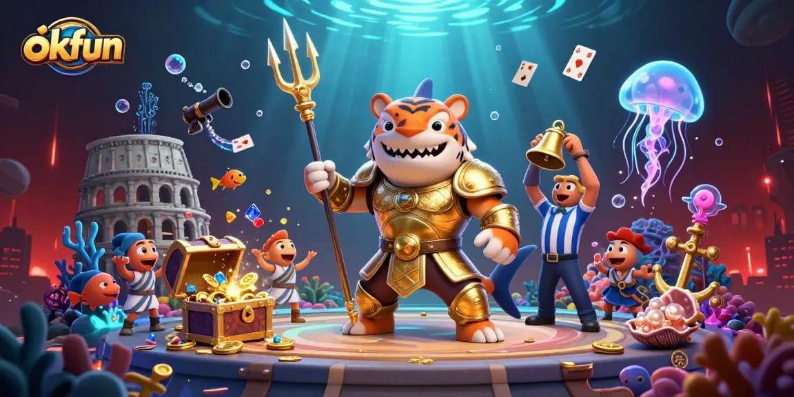 Experience thrilling underwater adventures with okfun's vibrant casino elements as a tiger shark battles in an exciting colosseum.