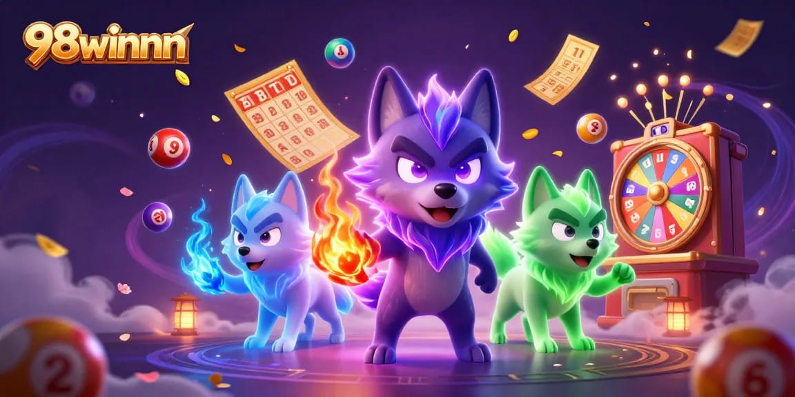 Engage with 98winnn's thrilling gaming atmosphere featuring vibrant lottery elements and majestic wolves.
