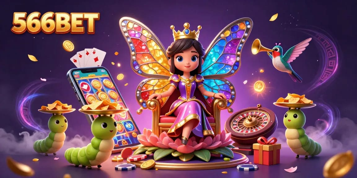Win big at 566BET with vibrant slot games and a magical atmosphere in this detailed 3D illustration.