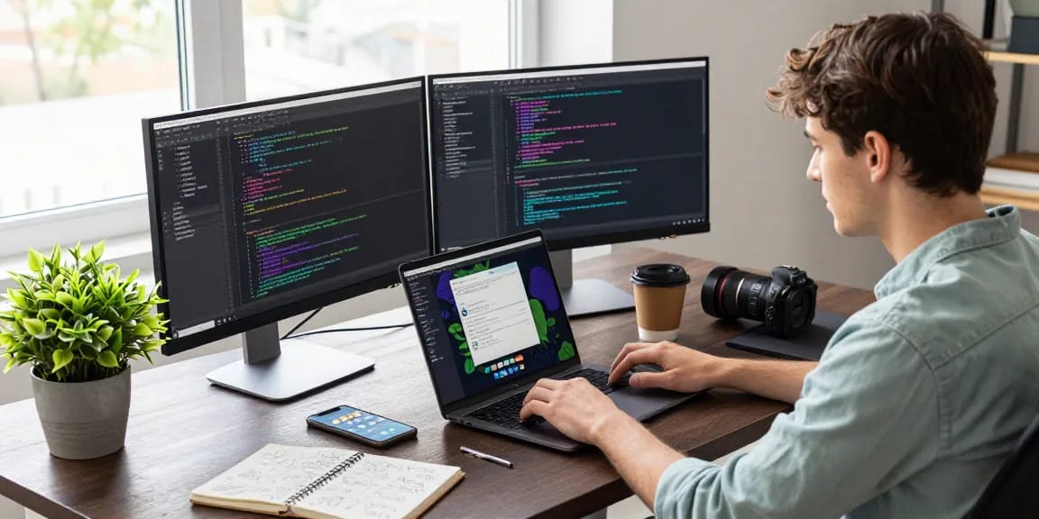 Learn Android Studio for beginners in a vibrant workspace with a developer coding on multiple screens.