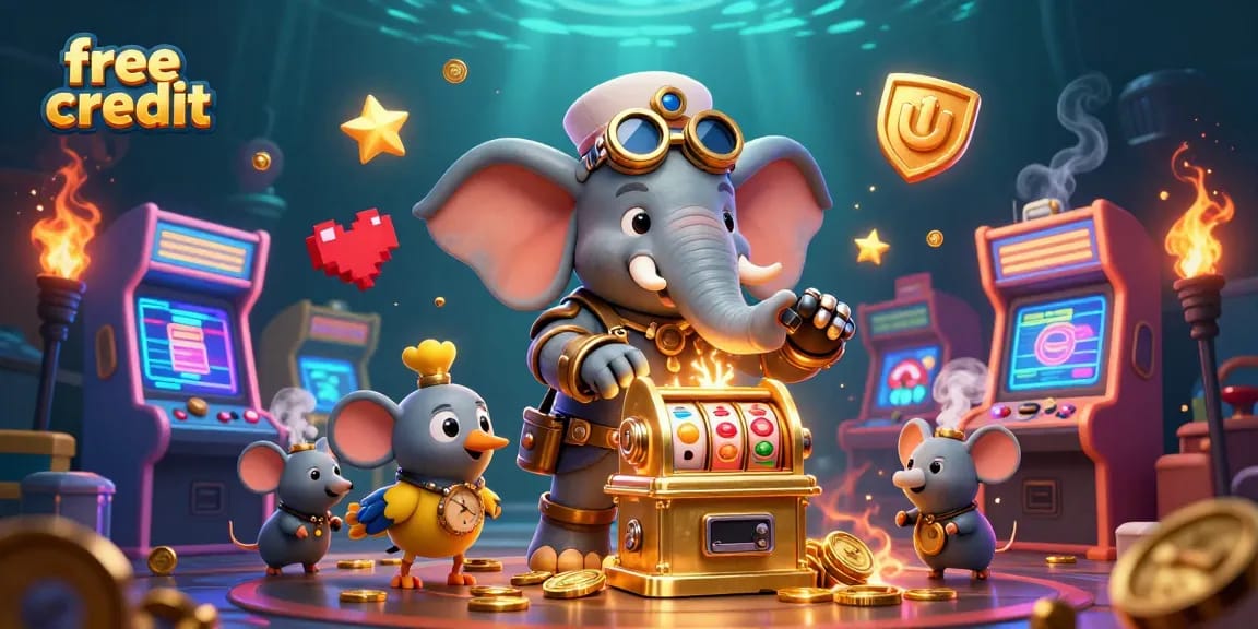 Spin the golden slot machine with free credit and unlock exciting bonuses in this vibrant casino scene.