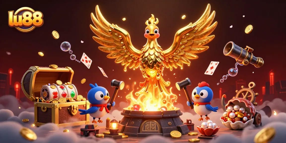 Experience epic wins at lu88 with a molten golden phoenix and vibrant gaming elements