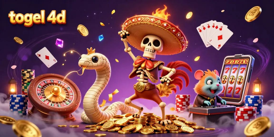 Menggambarkan togel 4d dengan skeleton mariachi dan mummy ular dalam suasana judi yang menyenangkan.