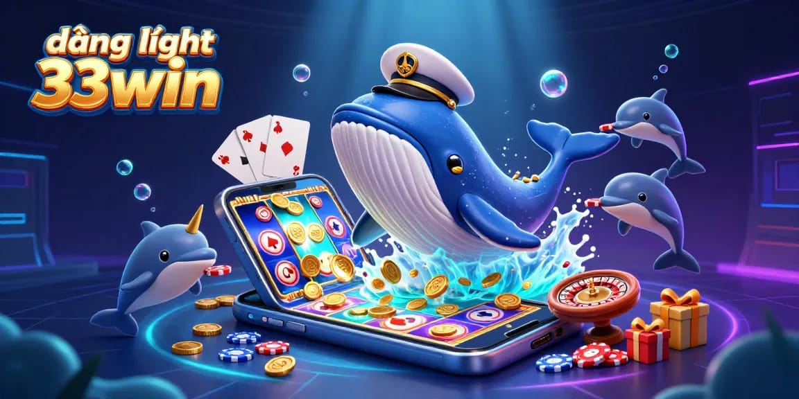 Engage with đăng nhập 33win in this lively 3D casino scene with whales, dolphins, and poker chips.