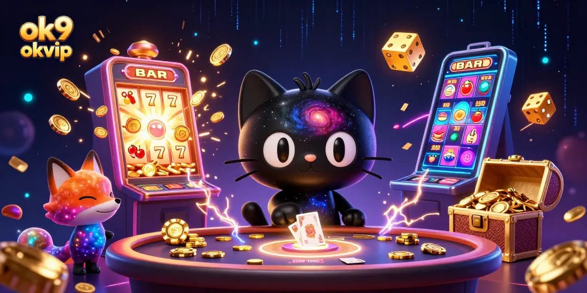 Engage with the cosmic excitement of ok9 okvip, featuring a black hole cat and a nebula fox at a vibrant casino table.