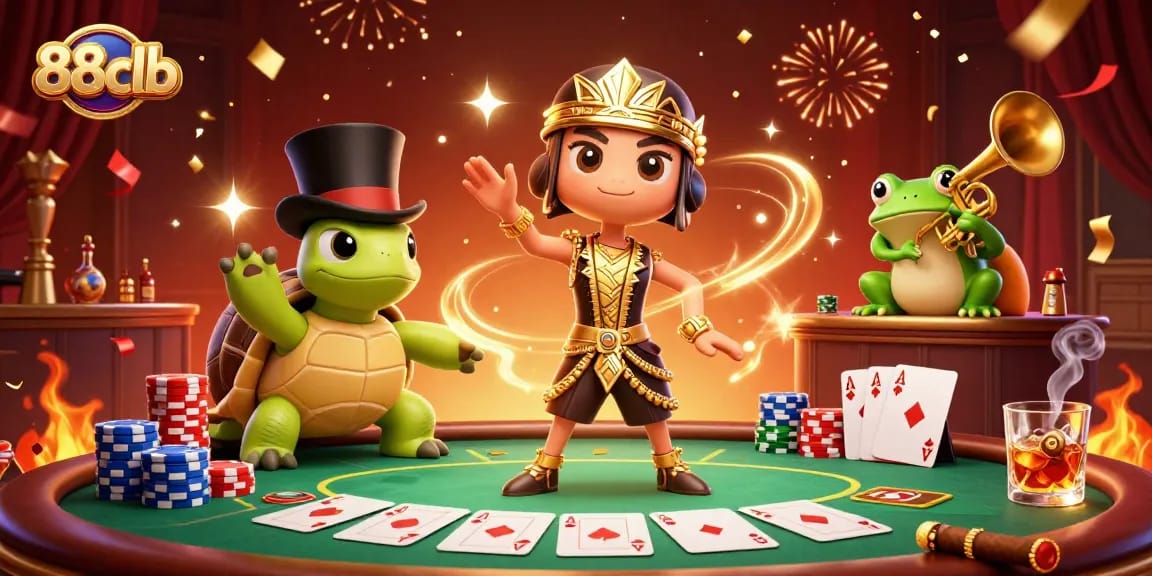 Experience thrilling gameplay at 88clb with a vibrant casino atmosphere featuring colorful poker elements and lively characters.