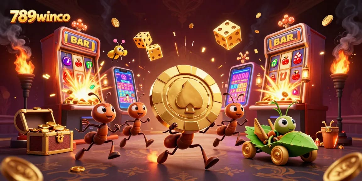 Ants heist transporting a golden poker chip while 789winco elements burst with casino excitement and energy.