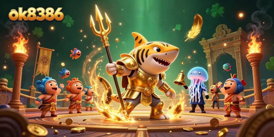 Play thrilling games at ok8386 online casino, featuring a shark in gladiator armor surrounded by underwater excitement.