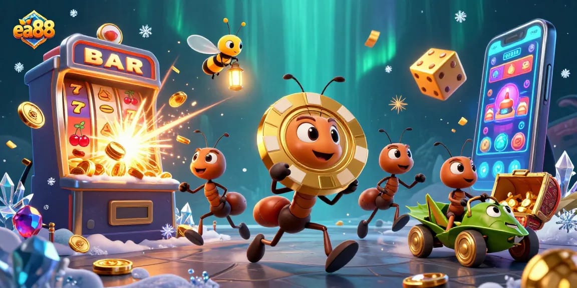 Experience exciting wins at ea88 with a heist-themed cartoon illustration featuring ants and casino games.
