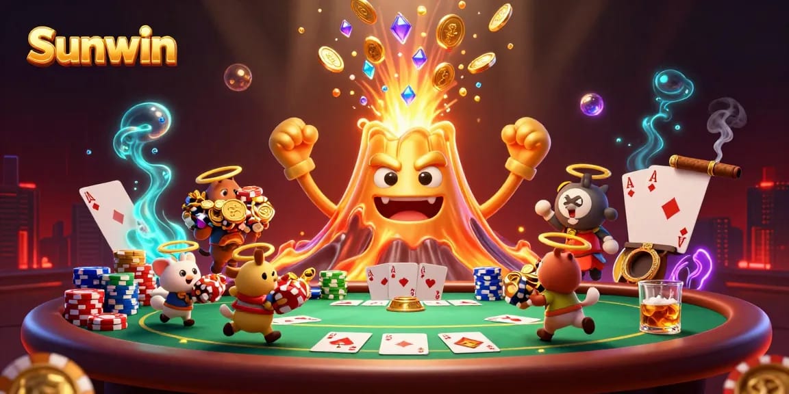 Experience the thrill of Sunwin with golden eruptions of treasure at a vibrant poker scene.