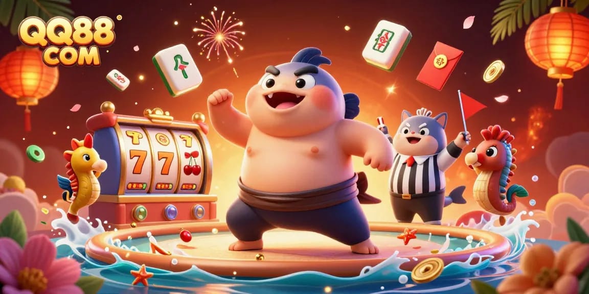 Join the excitement at QQ88 COM with a thrilling underwater casino battle featuring colorful characters and gaming elements.