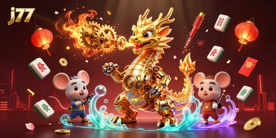 Experience thrilling gameplay at j77 with vibrant golden dragon and gambling elements.