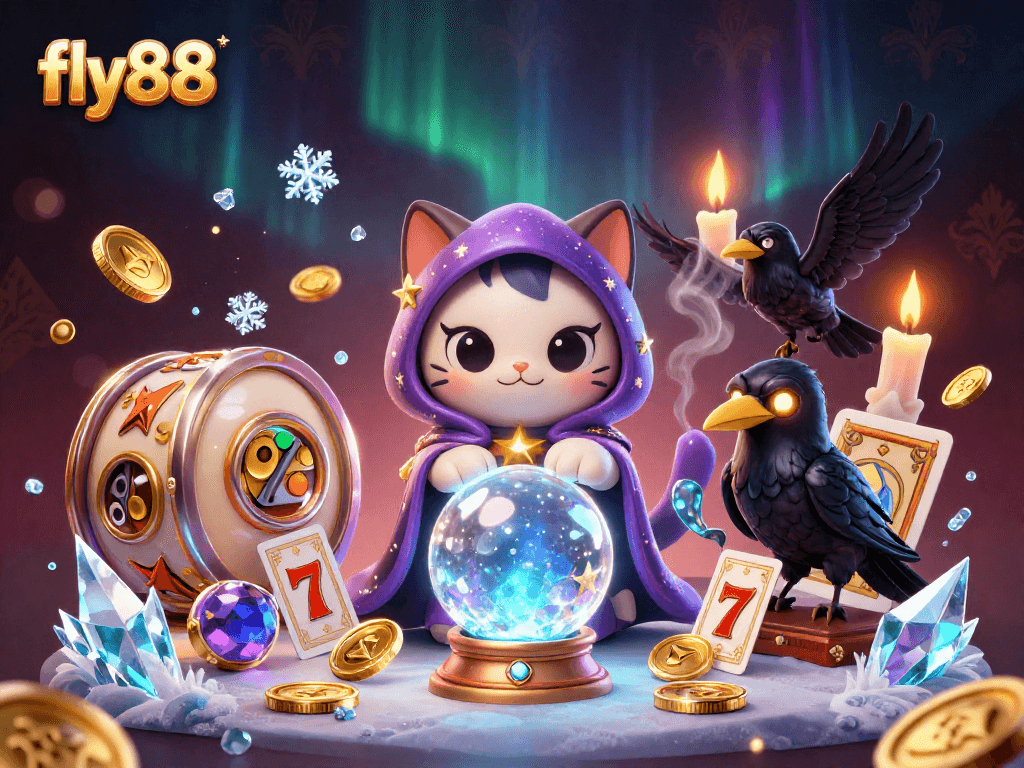 Experience thrilling outcomes with fly88's enchanting cat fortune teller and casino elements.