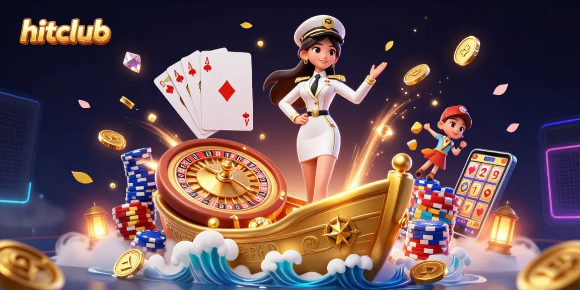 Hitclub showcases an elegant Asian woman gambling amidst golden coins and thrilling game elements.