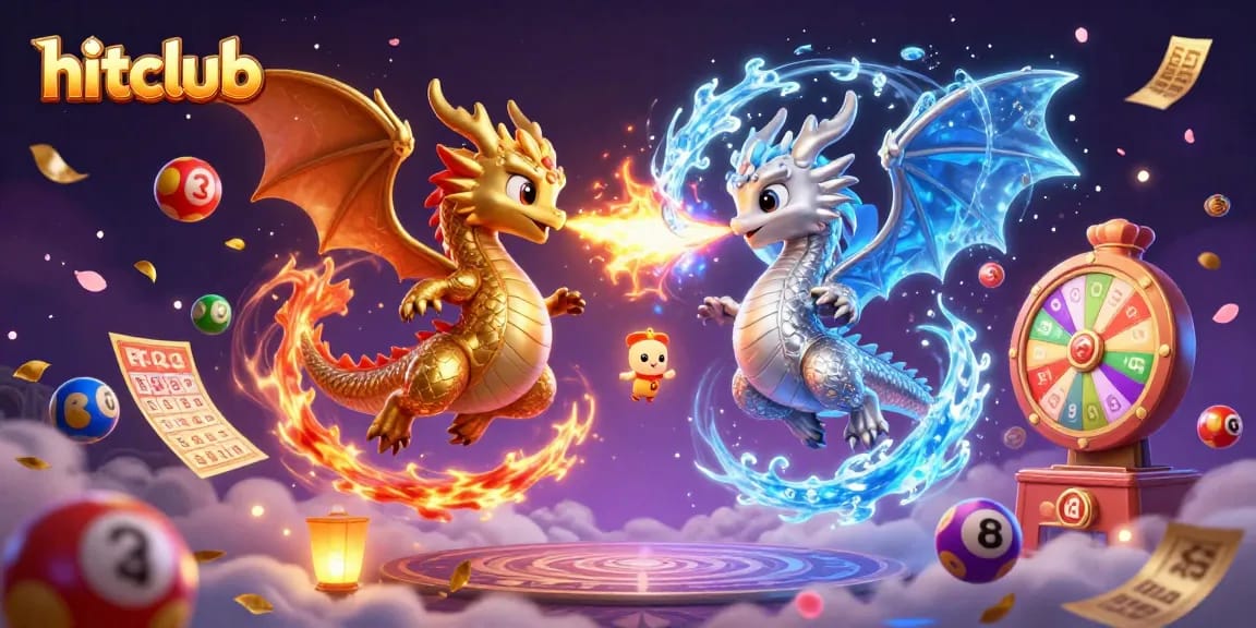 hitclub showcases dynamic dragon duo in a vibrant 3D casino illustration packed with engaging elements
