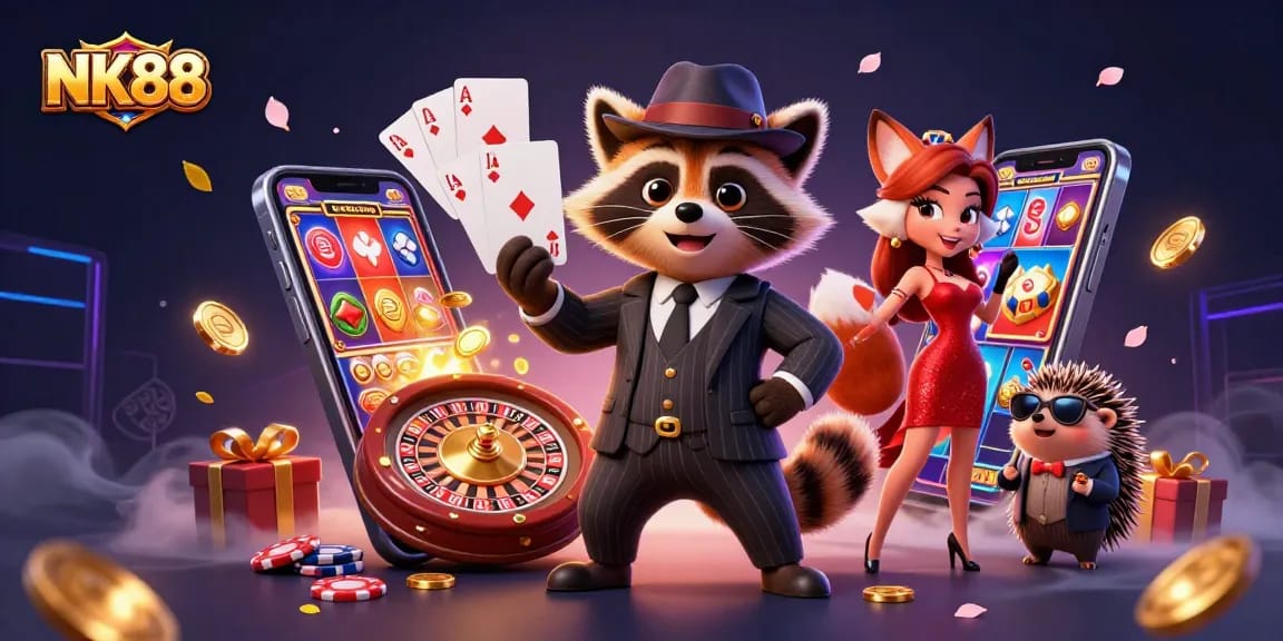 Engage with the thrilling world of NK88 as a raccoon holds a royal flush surrounded by casino elements.