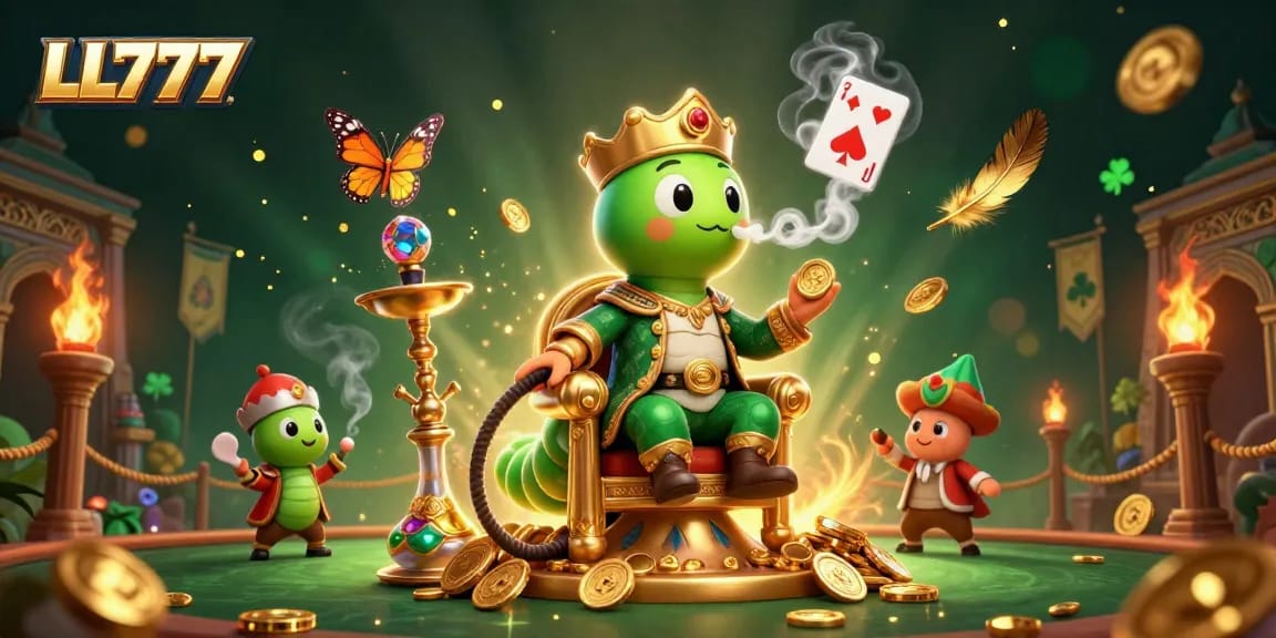 LL777 offers exciting gameplay featuring a lavish caterpillar hookah-master surrounded by vibrant casino elements.