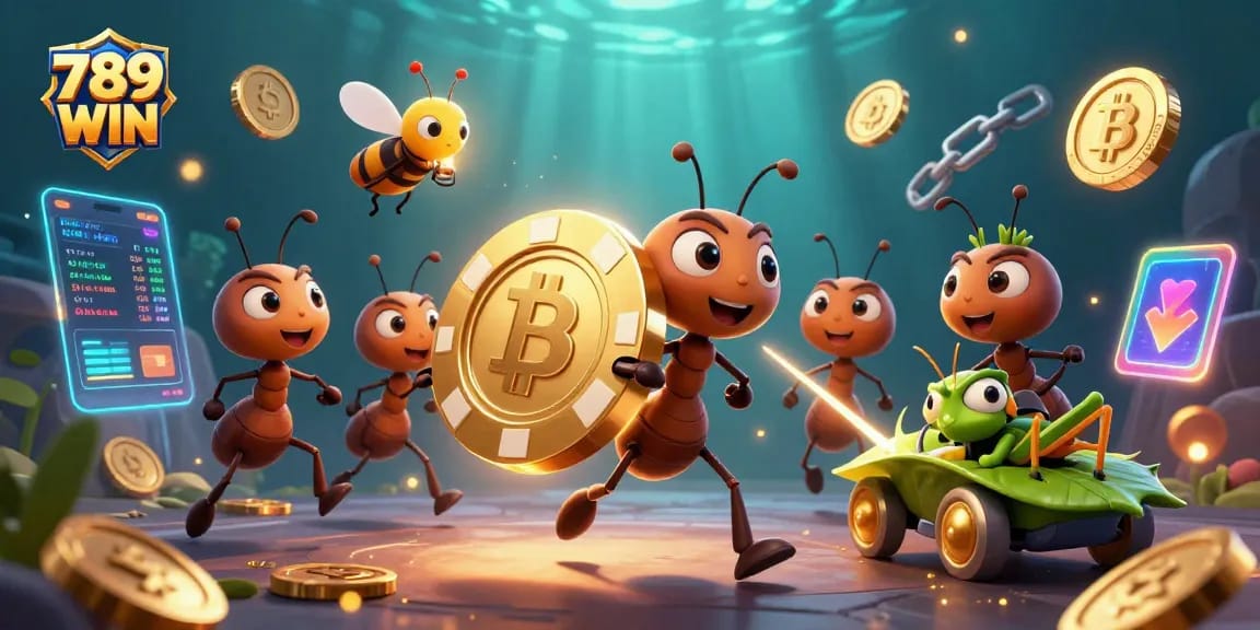 Join the action at 789 WIN with a team of ants executing a heist amidst golden poker chips and glowing crypto elements.