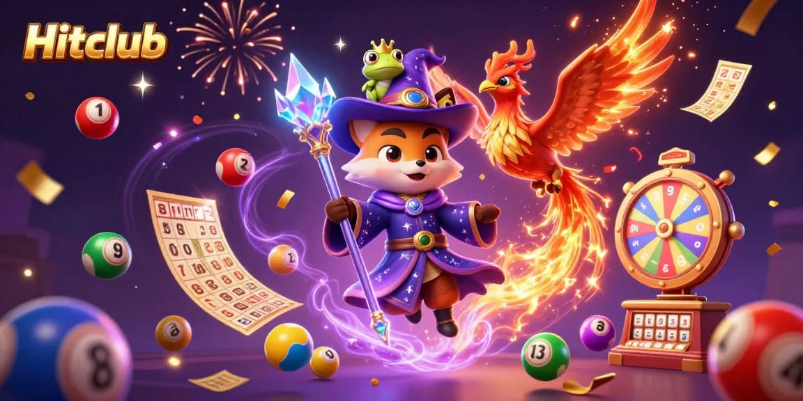 Hitclub gamers explore exciting lottery elements with a wizard fox and a phoenix in a vibrant 3D scene.