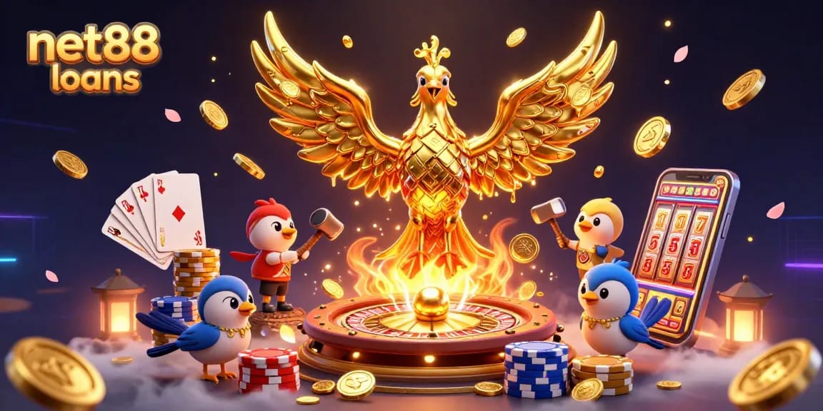 Experience the thrill of net88 loans while winning with a golden phoenix amid casino elements.