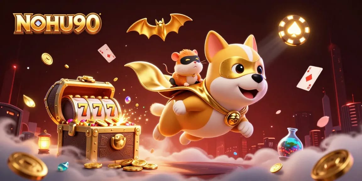 Engage in winning excitement with NOHU90 as a superhero dog flies with coins amidst thrilling slots.