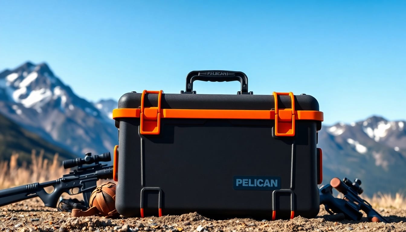 Showcasing a pelican gun case for sale in a rugged outdoor setting, emphasizing durability and design.