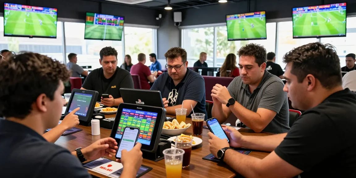 Engaging scene featuring players using Daftar Bola88 to analyze live football betting odds in an exciting sportsbook setting.