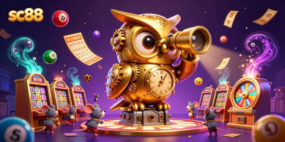 Enjoy thrilling games at sc88 with a vibrant scene of owl and mice amidst dynamic casino elements.