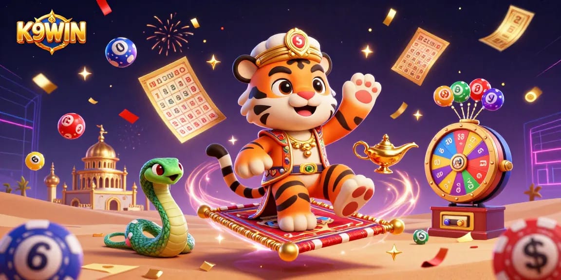 K9WIN gamers celebrate wins with colorful elements like golden tickets and spinning prize wheels in a vibrant casino scene.