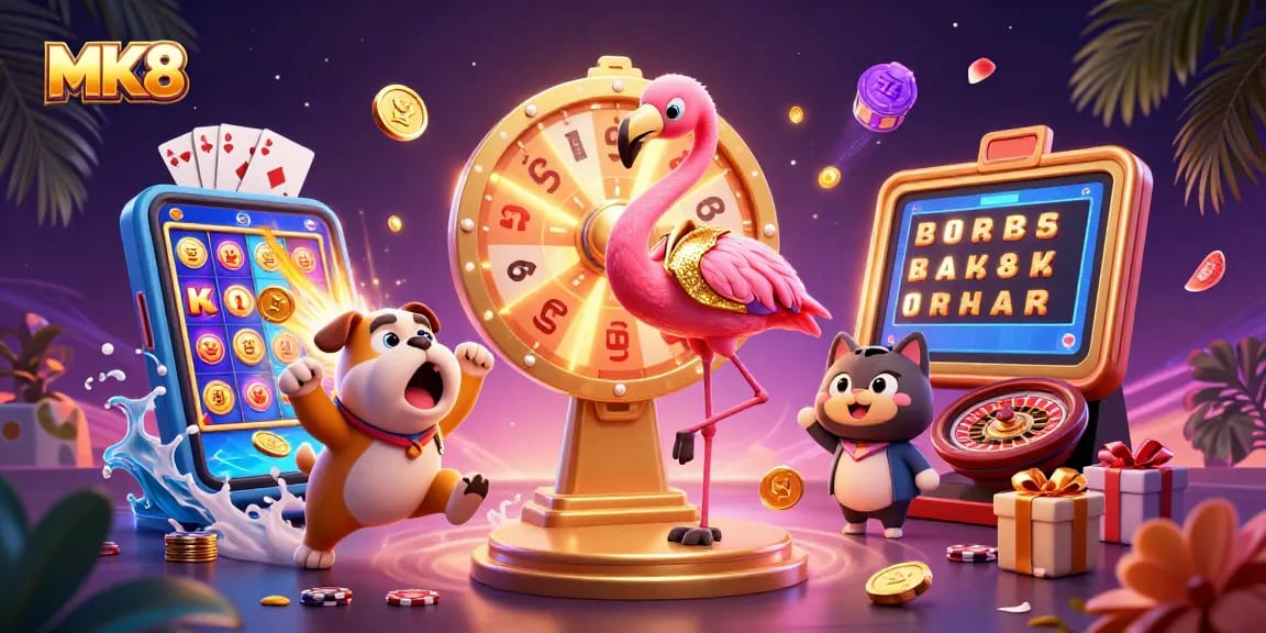 Spin the MK8 prize wheel with excited characters amidst vibrant casino elements.