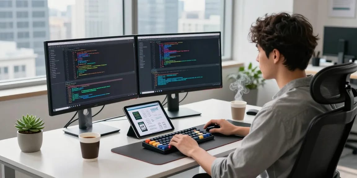 NAGA2000 software developer engrossed in coding at modern workspace with dual monitors and coffee.