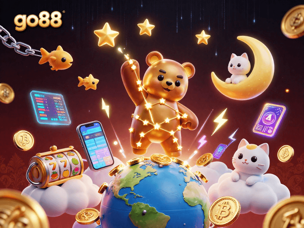 The go88 constellation bear collects coins, surrounded by vibrant casino elements and digital crypto coins.
