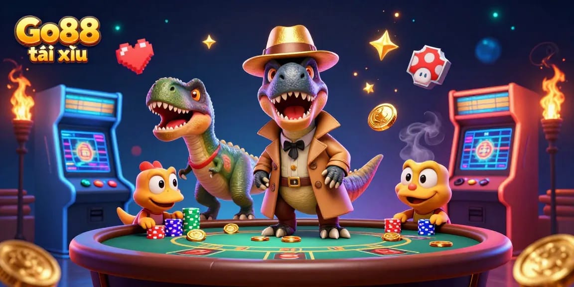 Experience Go88 tài xỉu action with a clever velociraptor card counter and a stegosaurus pit boss in a vibrant casino scene.