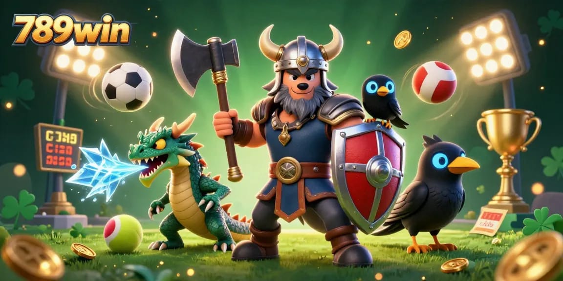 Bet sports and win with 789win: a fierce Viking wolf warrior, ice-breathing dragon, and glowing raven.