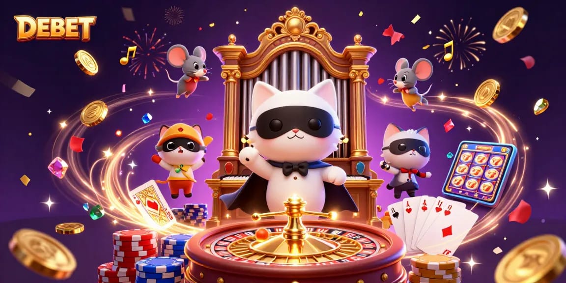 Experience thrilling gambling with DEBET at a vibrant casino illustration featuring exciting characters.