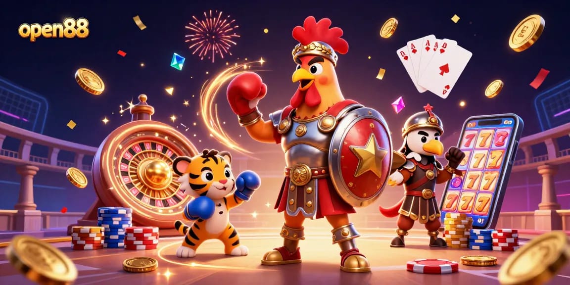 Experience the excitement of open88 with a triumphant rooster in a vivid casino scene.