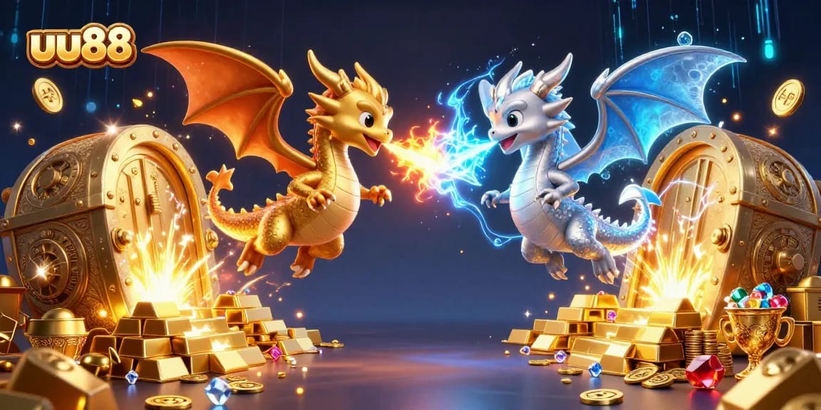Experience exhilarating gaming action with uu88, featuring fire and ice dragons in a treasure-filled scene.