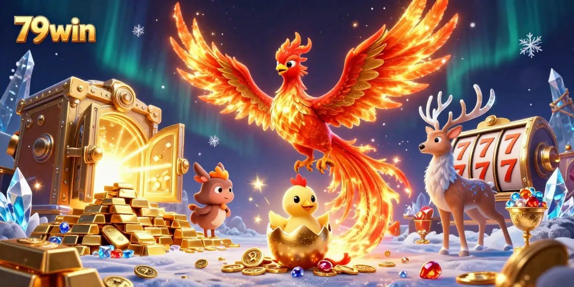 Experience the vibrant 79win casino scene with animated phoenix and game elements!