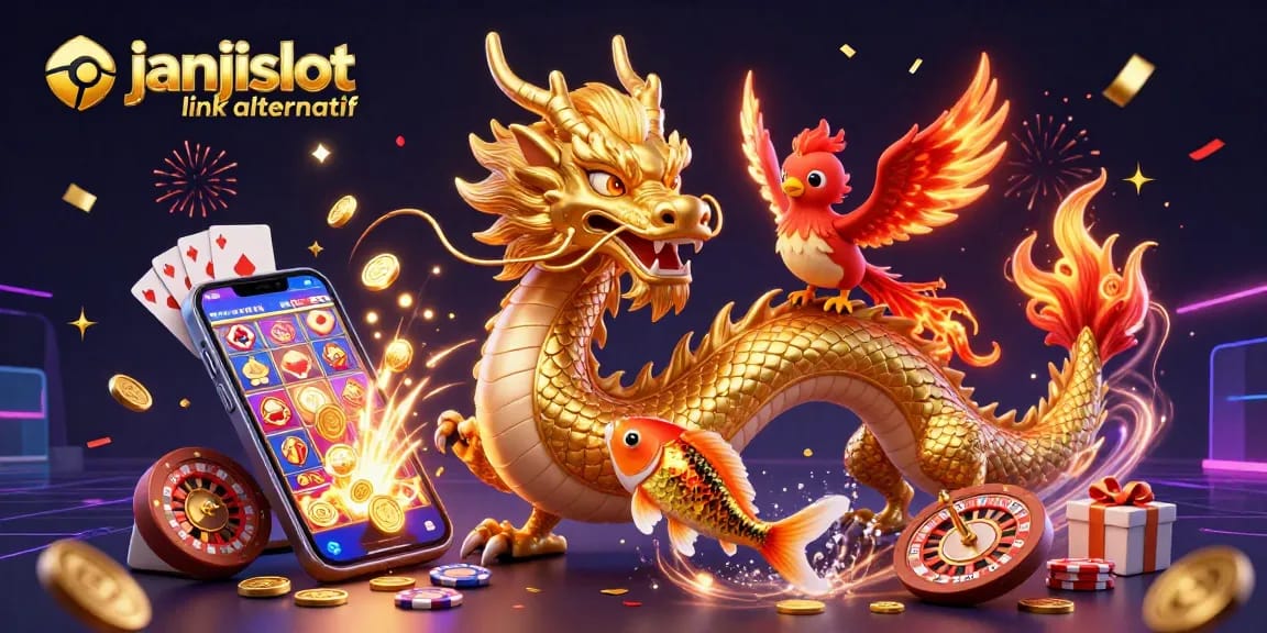 Spin to win with janjislot link alternatif showcasing a dynamic 3D casino scene filled with vibrant characters and game elements.