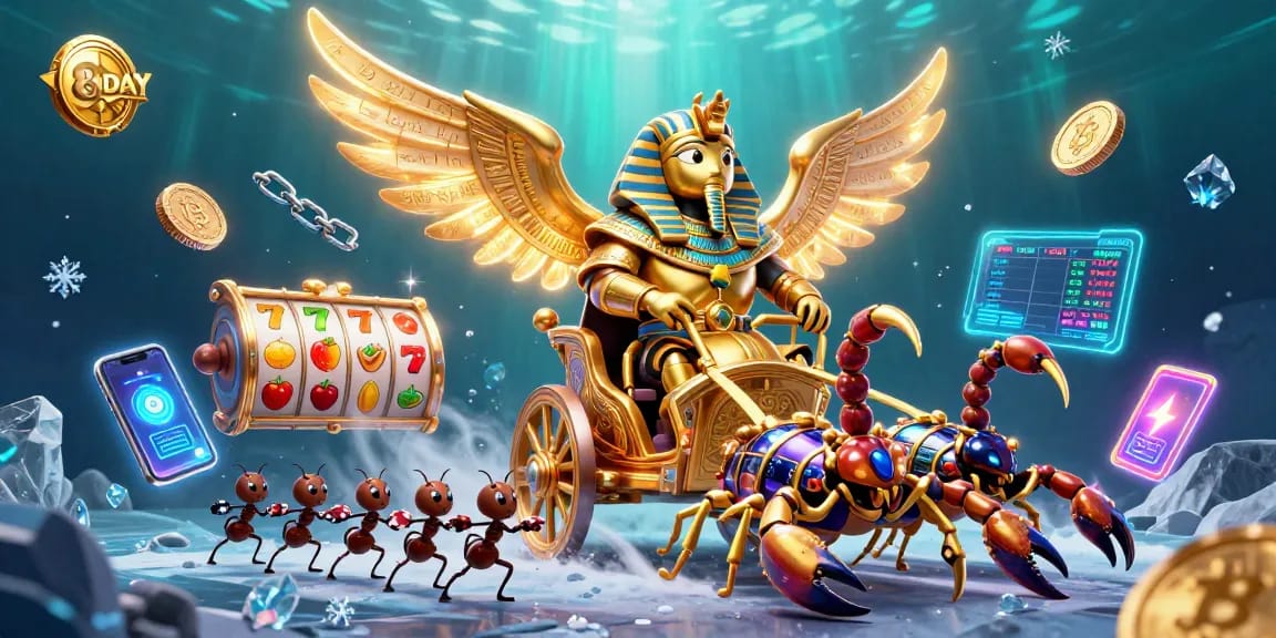 8DAY players explore thrilling jackpot slots with a colossal golden scarab in a vibrant casino scene.