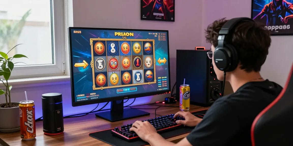 Immersive gaming setup featuring a player engaged with oppa86 situs on screen, colorful slot game graphics, and modern gaming accessories.