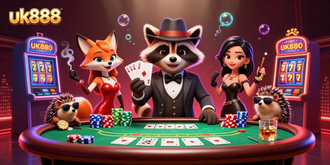 Experience thrilling poker action with uk888 as suave raccoon, charming fox, and hedgehog bouncer celebrate wins.