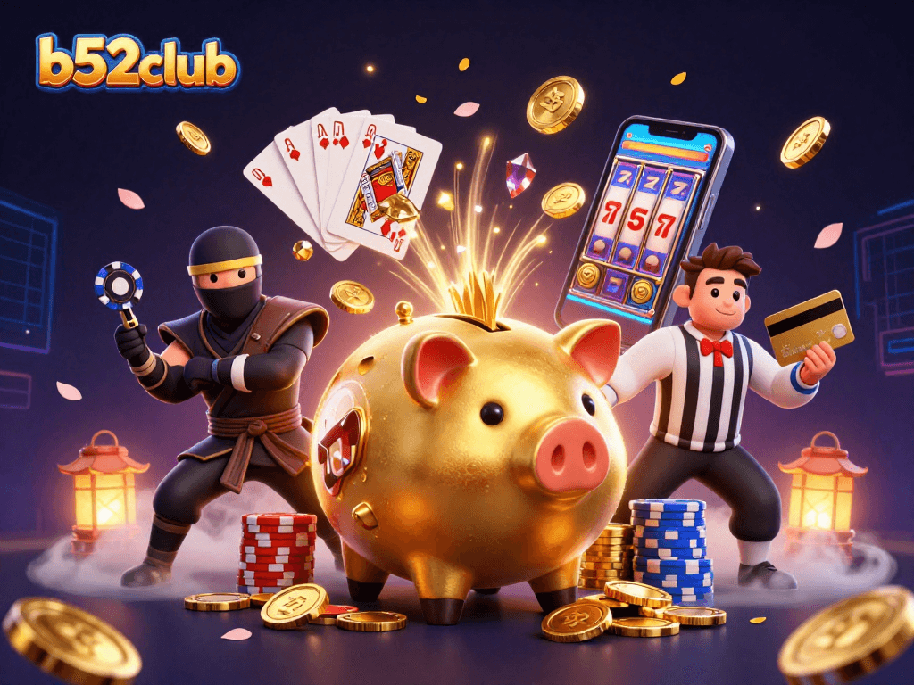 Engage with b52club's thrilling gaming adventure featuring a sumo wrestler and ninja in action.