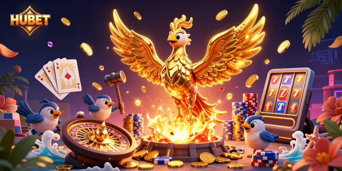 Join the excitement at HUBET with golden phoenix rising, coins cascading, and vibrant casino elements.