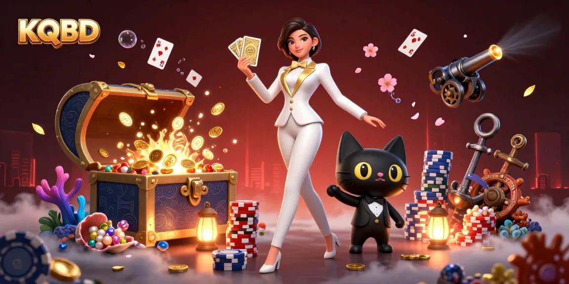 KQBD illustrates the excitement of online gambling with glamorous characters handling cards amidst a treasure-filled underwater scene.
