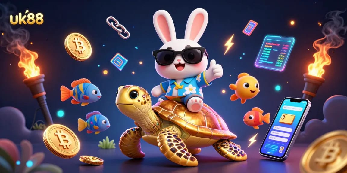 Experience excitement with uk88's lucky rabbit in a vibrant casino-themed adventure.