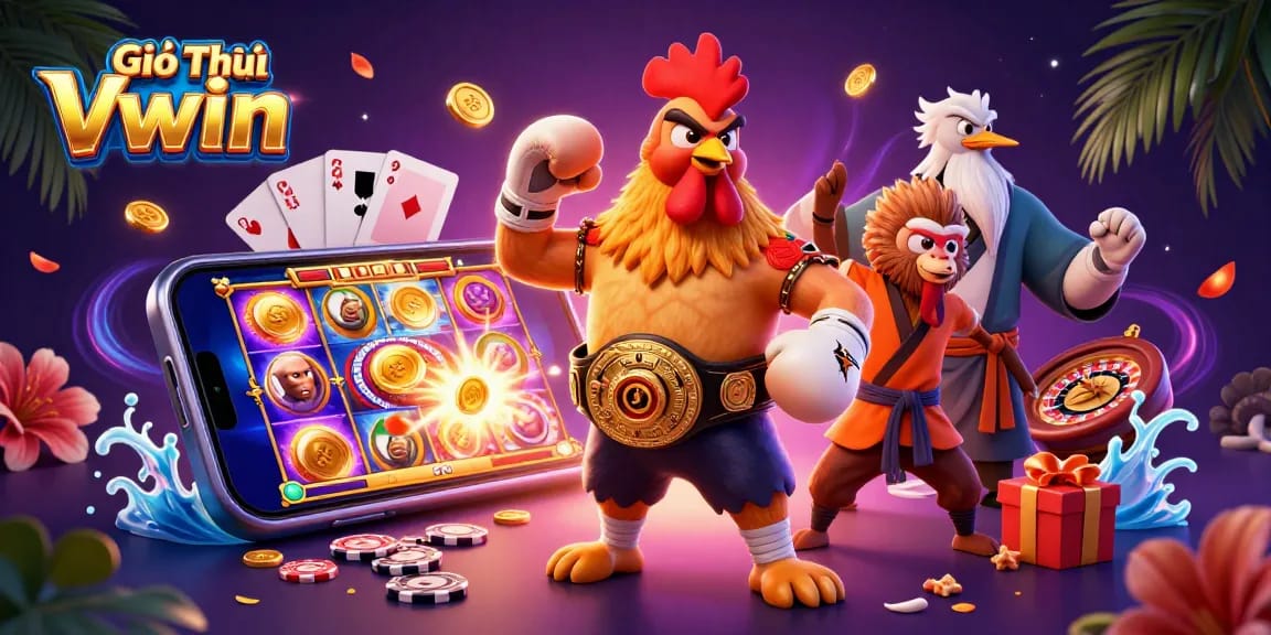 Experience Giới Thiệu VWIN through vibrant, dynamic 3D digital illustration depicting gaming excitement.