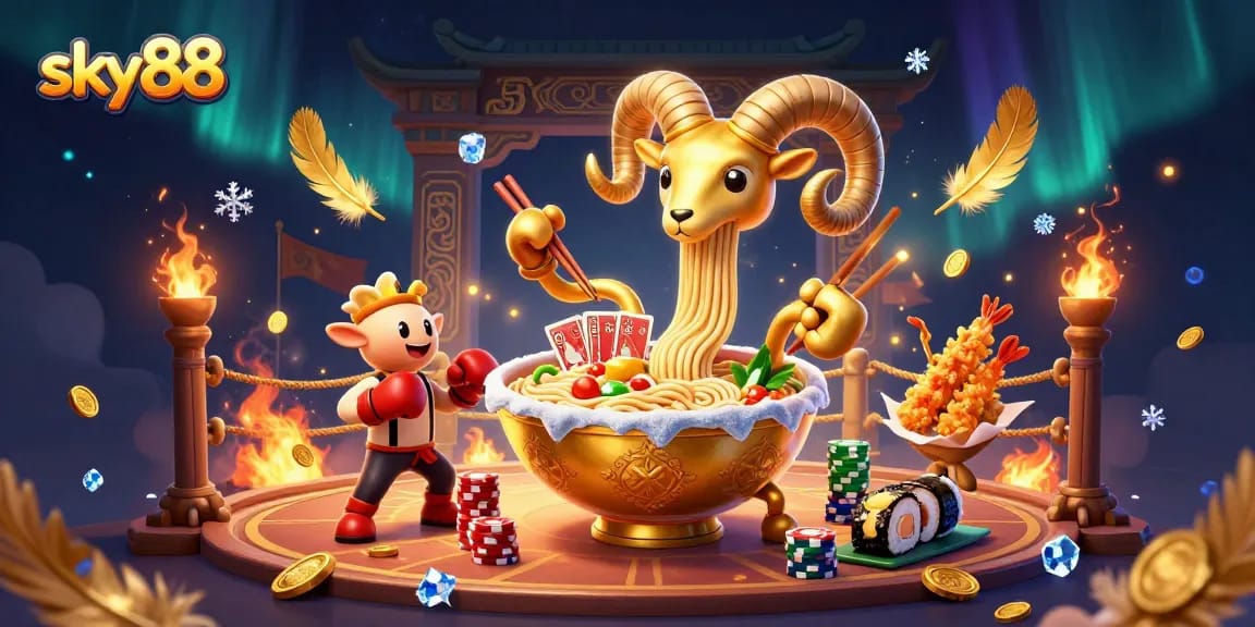Engage in sky88's vibrant casino world, featuring a golden ramen bowl dealer amidst colorful particles.