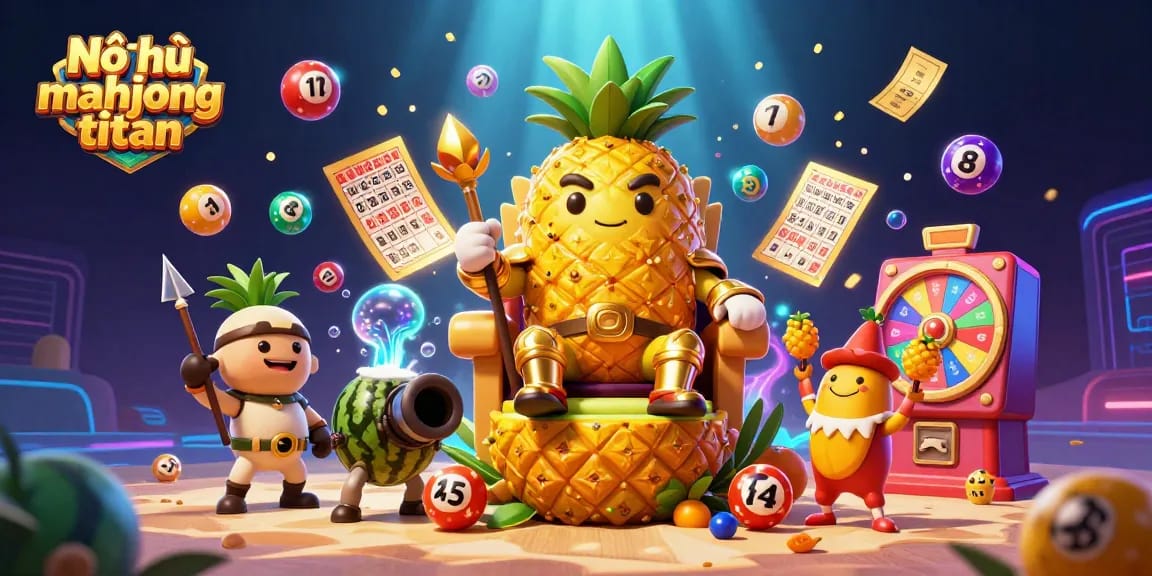 Experience the excitement of Nổ hũ mahjong titan in a vibrant beach casino scene with animated lottery elements.