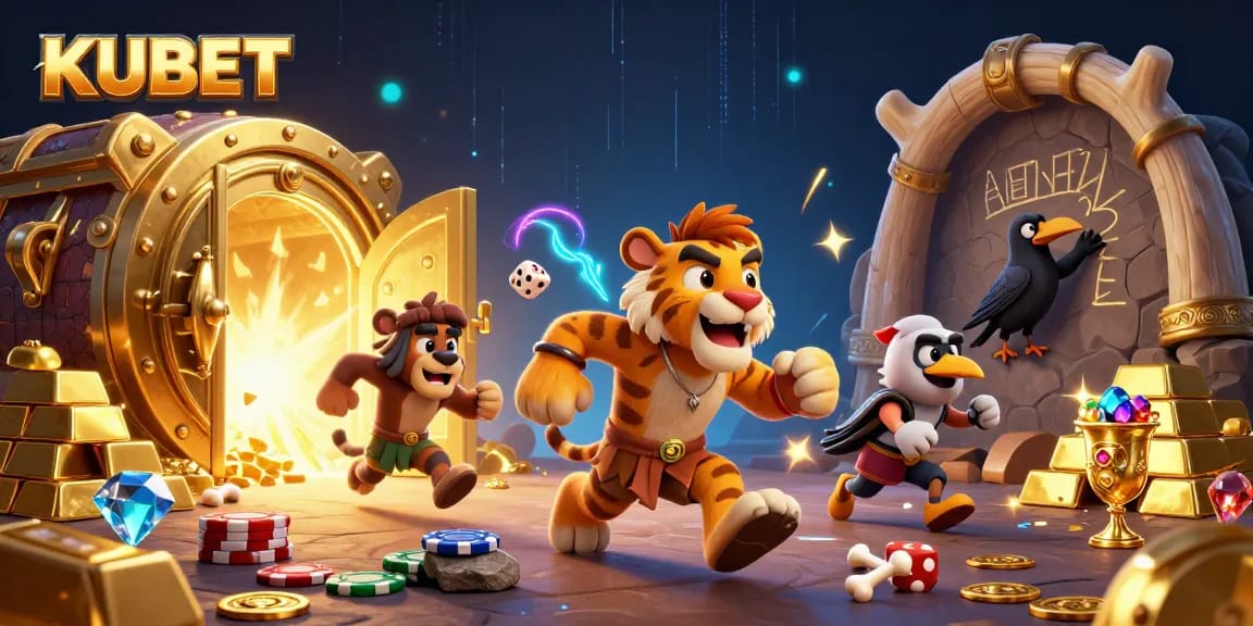 KUBET offers an exciting prehistoric casino scene with caveman characters gambling among gold treasures.